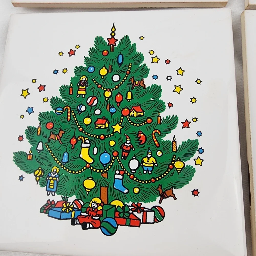 Vintage Christmas Goose Tree Bear Trivet Set Of 4‎ Country Decor Ceramic Coaster